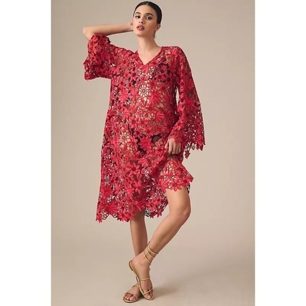 Maeve by Anthropologie Red Floral Guipure Lace Kaftan Swim Cover Up OS